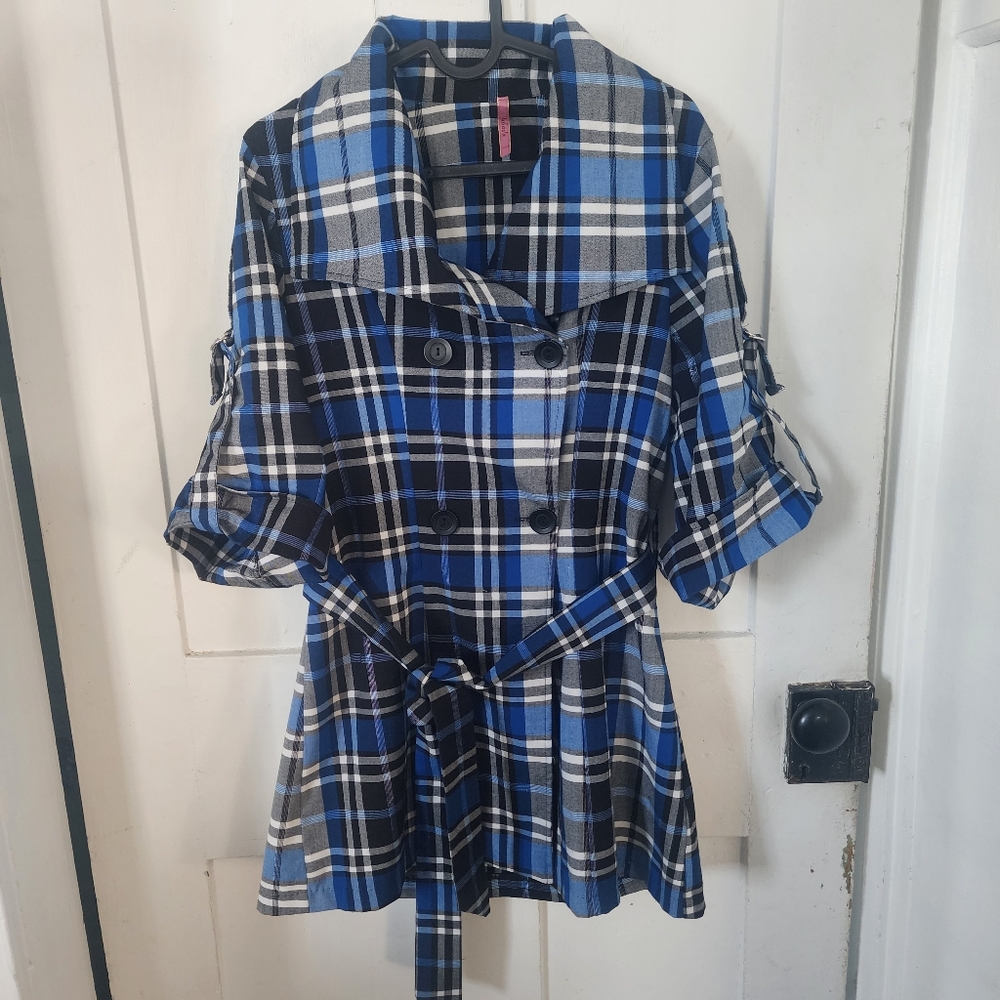 Yahada Womens Blue Black Plaid Button Trench Coat Jacket SzMedium (F) 90s Y2K